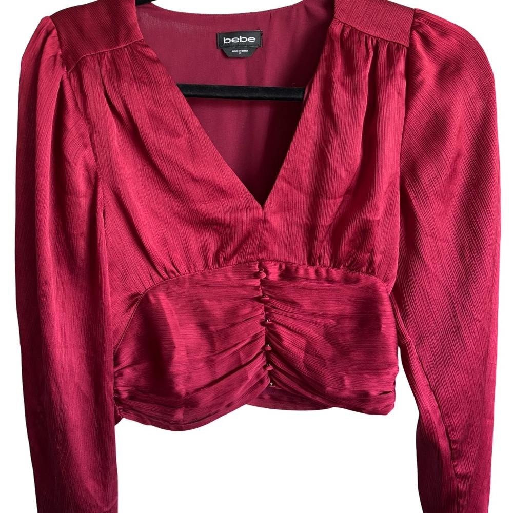 Bebe Red Ruched Crop Blouse